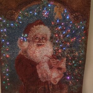 Christmas Tapestry Santa Scene Fiber Optic Lights Wall Hanging Battery Operated.